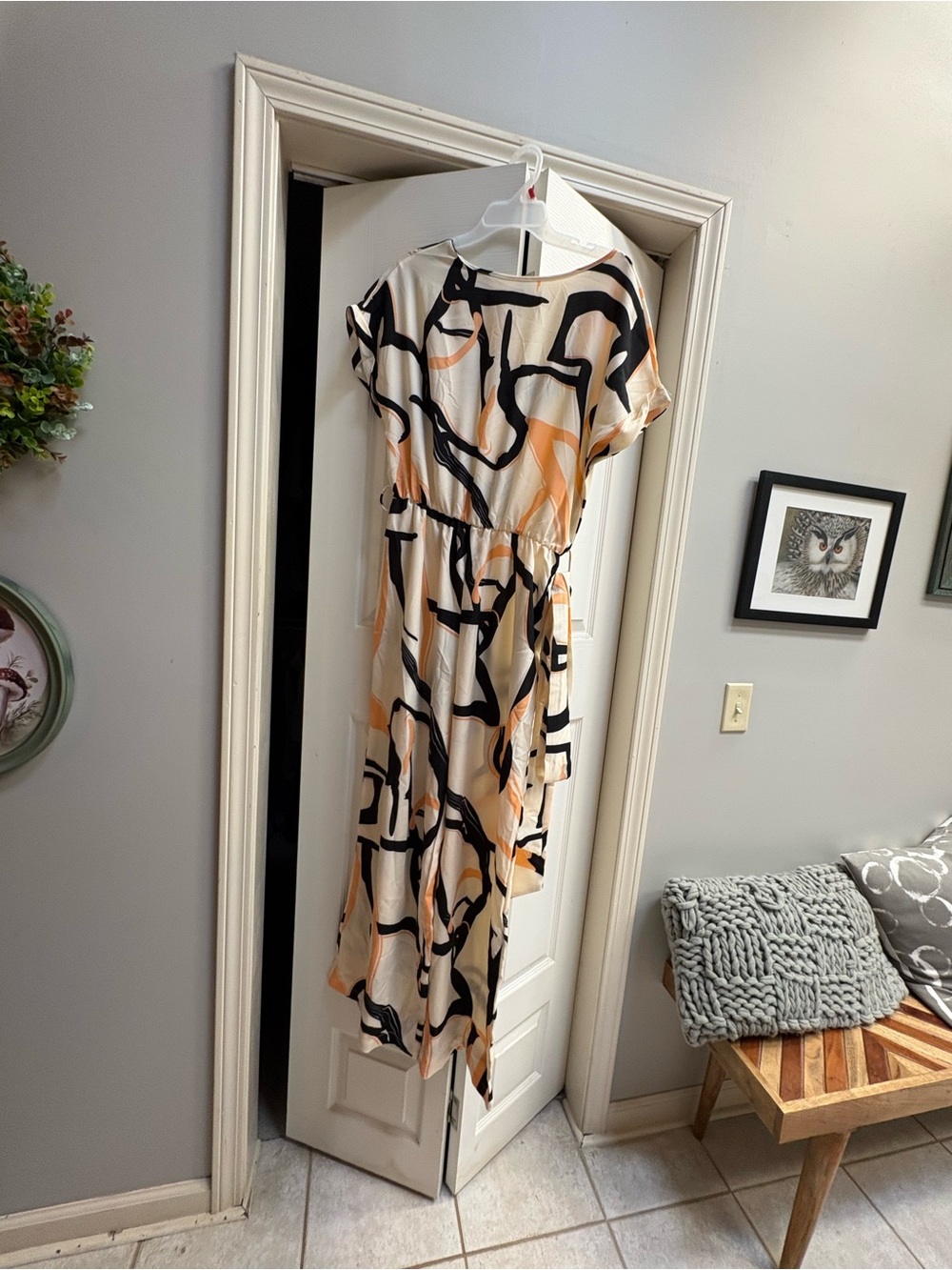 SHEIN Cream JumpSuit with Black & Orange Abstract Print